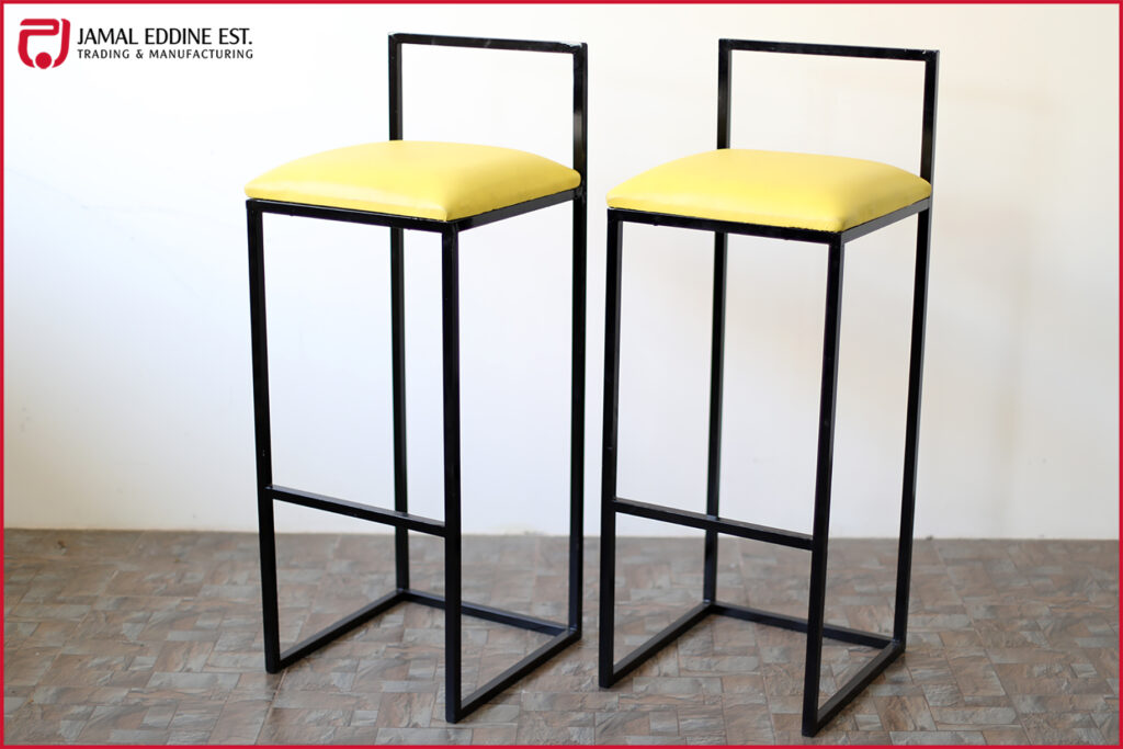 wrought steel framed high stools with yellow cushion