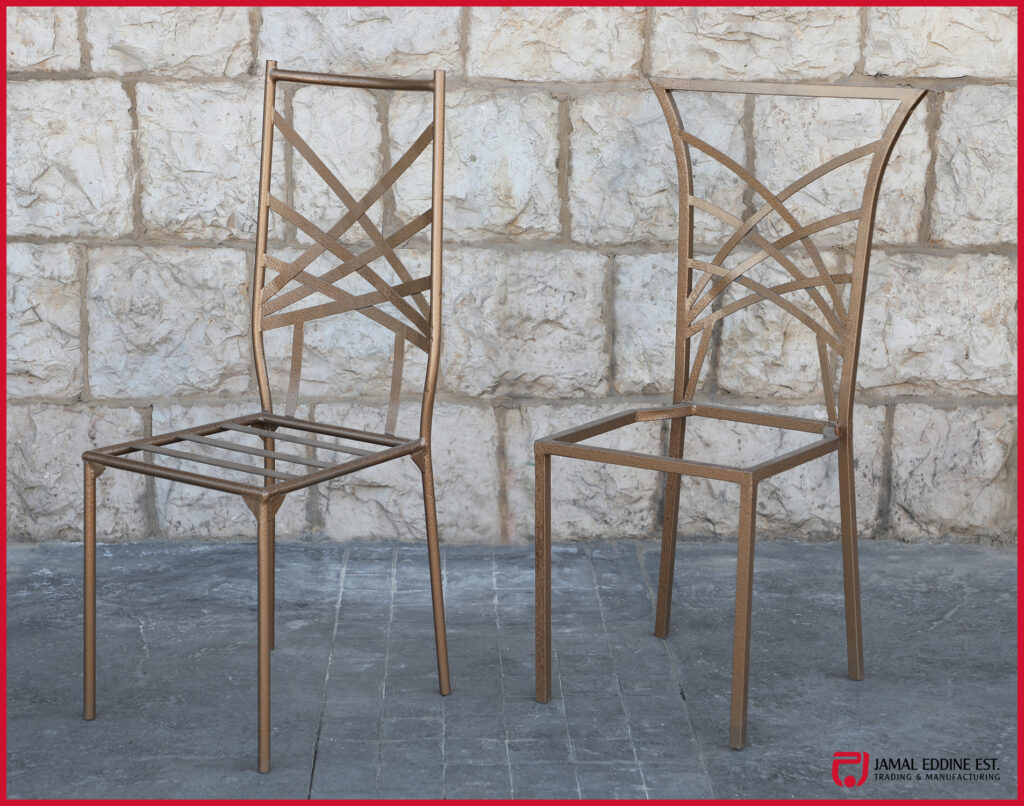 wrought steel chairs in gold with a crisscross decorative back design