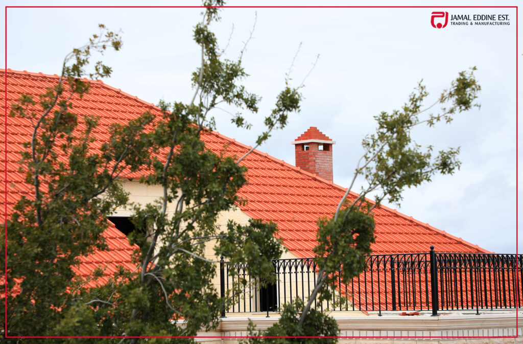 clay roof and chimney tiles in brick color