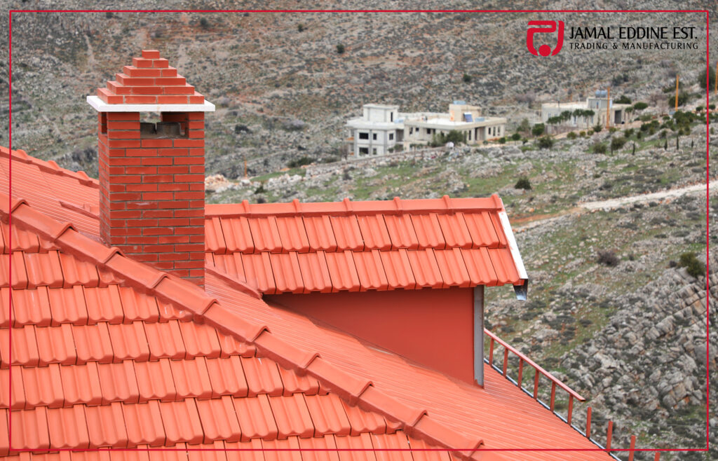 clay roof and chimney tiles in brick color