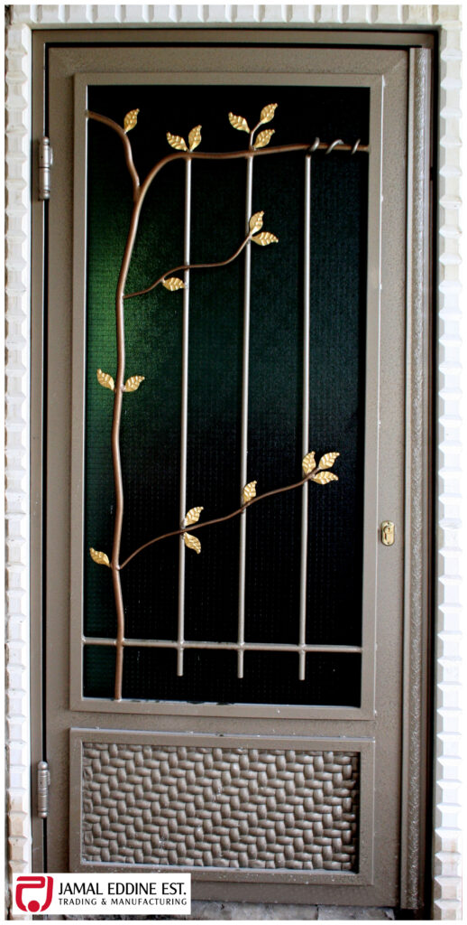 wrought steel decorative door and frame with laser cut vine and leaves decor