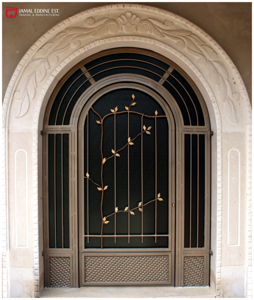 wrought steel decorative door and frame with laser cut vine and leaves decor