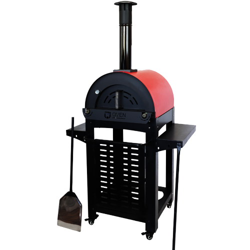 Made in Lebanon pizza baking oven fired by gas with baking utensils with a red top exterior and the rest in all black